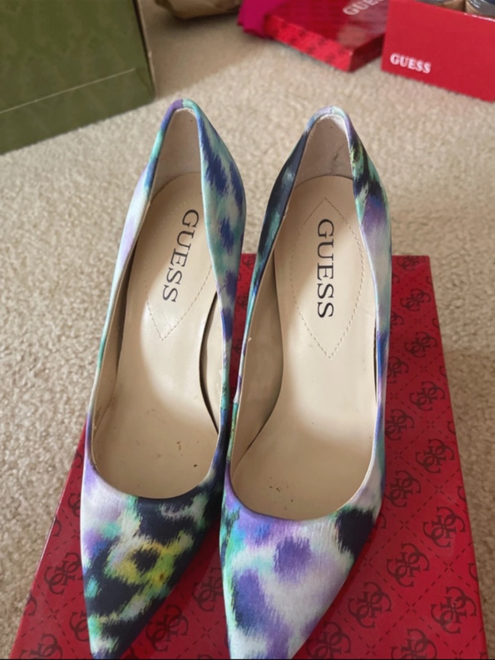 GUESS Purple, Green and Black Patterned Pointed-Toe Pumps